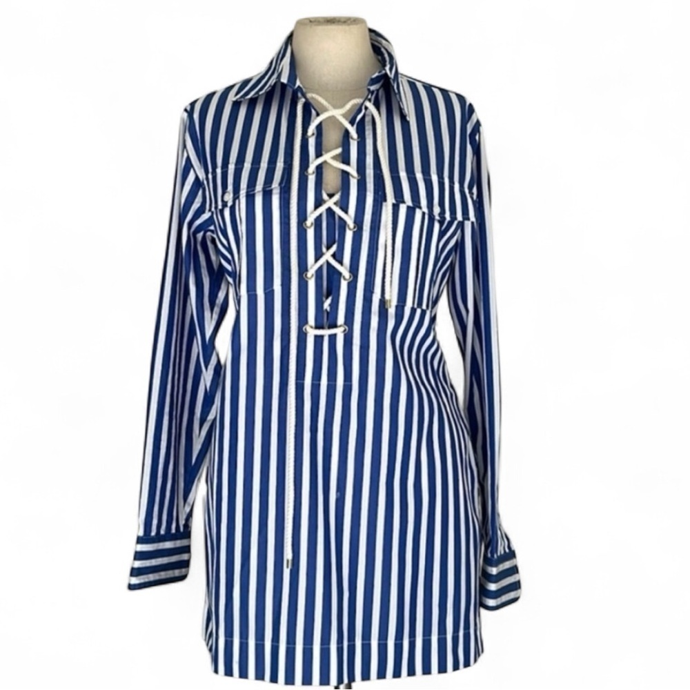 Lauren Ralph Lauren Lace Up NAUTICAL Rope Strip Blue Blouse sz Small P - Picture 2 of 7